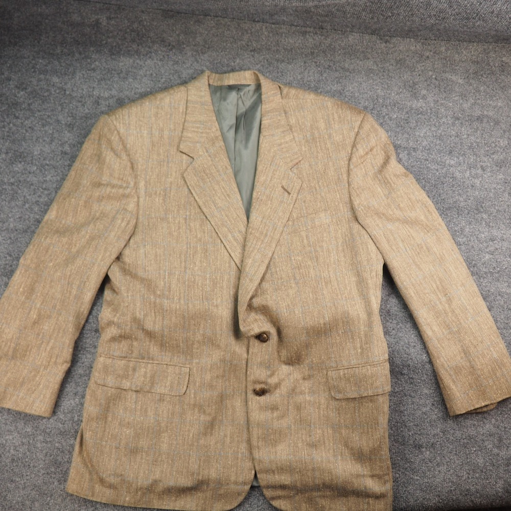 Tom‎ James Executive Blazer Mens 44R Tan Herringbone Windowpane Wool Sport Coat